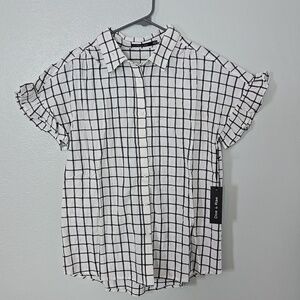 Doe & Rae | NWT White Plaid Ruffle Sleeve Top Size Small